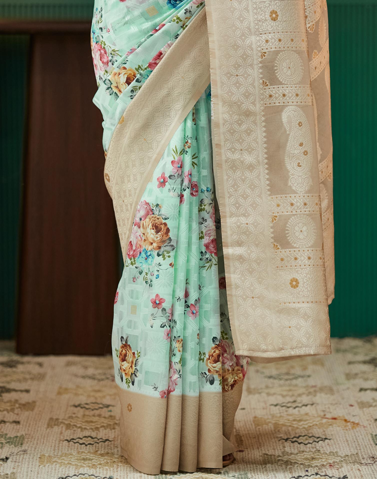 Beige Floral Printed Silk Saree