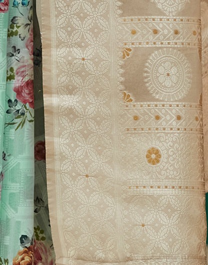 Beige Floral Printed Silk Saree