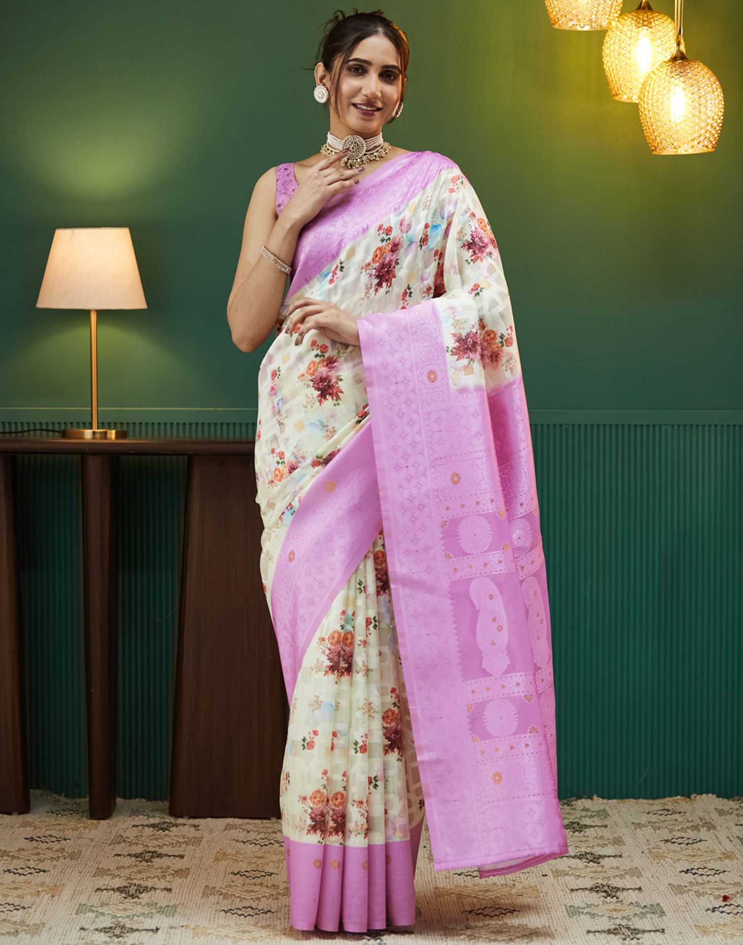 Pink Floral Printed Silk Saree