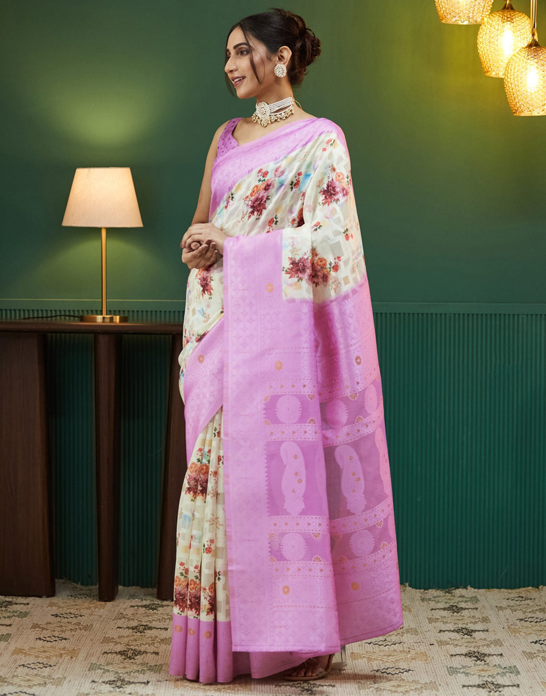 Pink Floral Printed Silk Saree