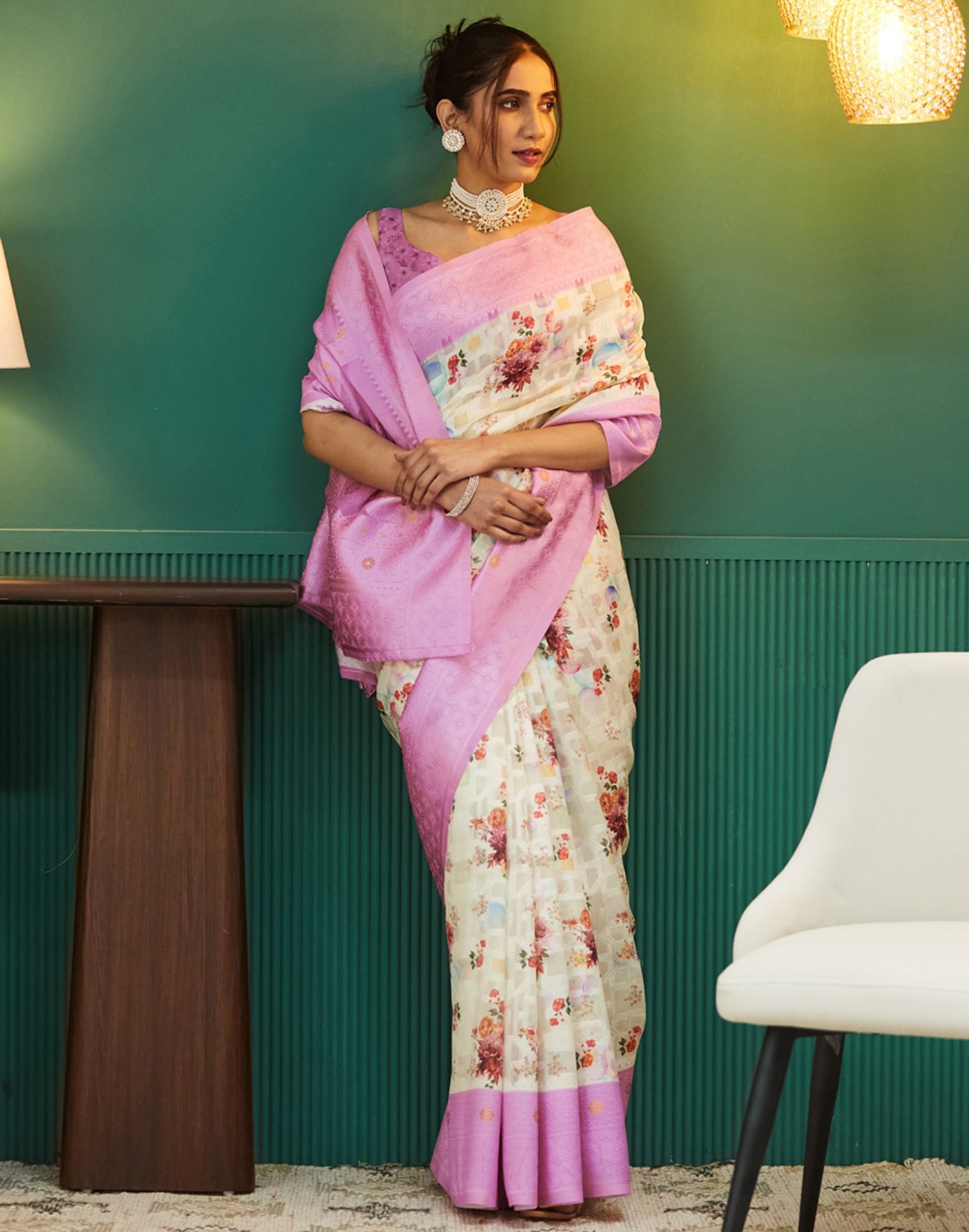 Pink Floral Printed Silk Saree