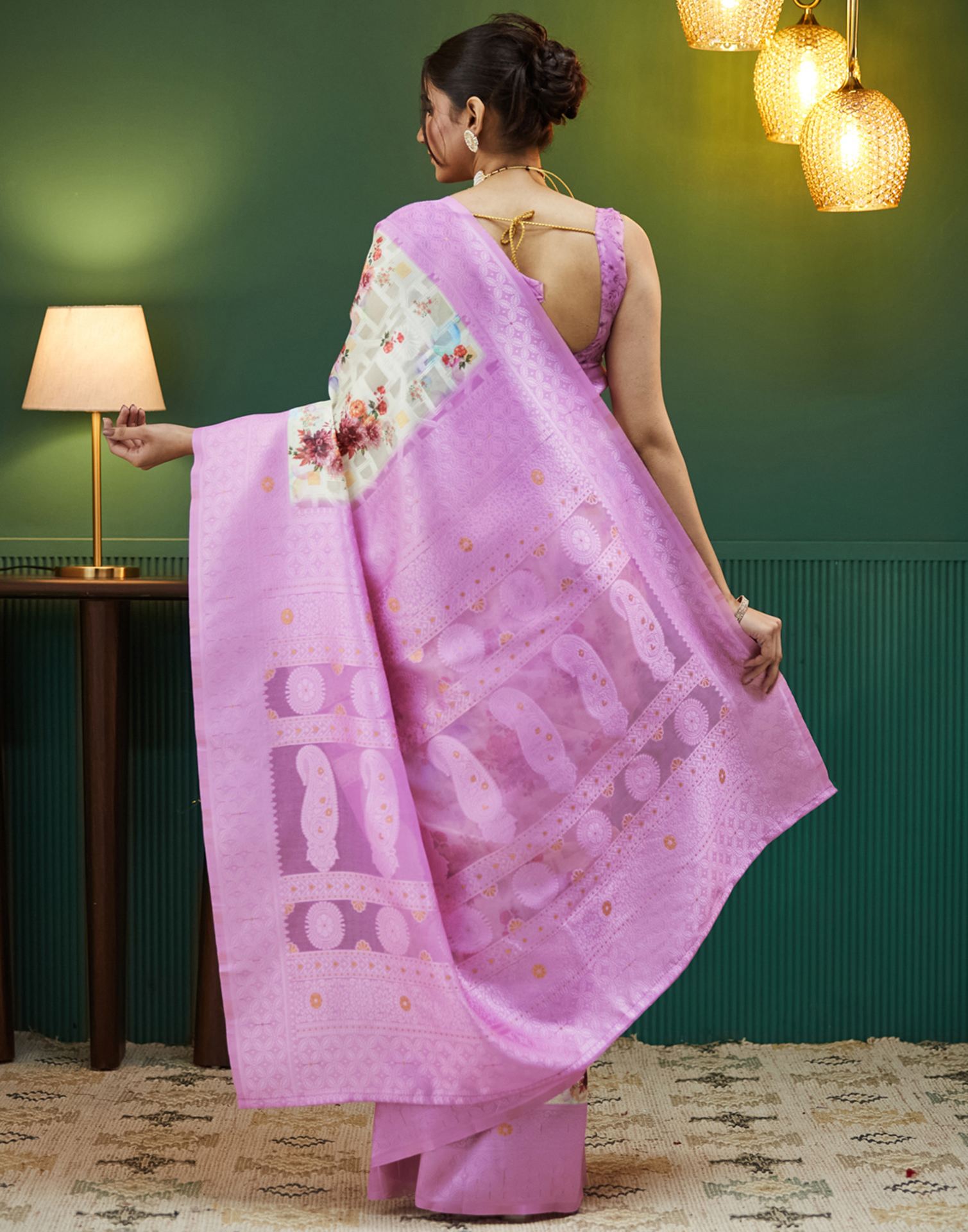 Pink Floral Printed Silk Saree