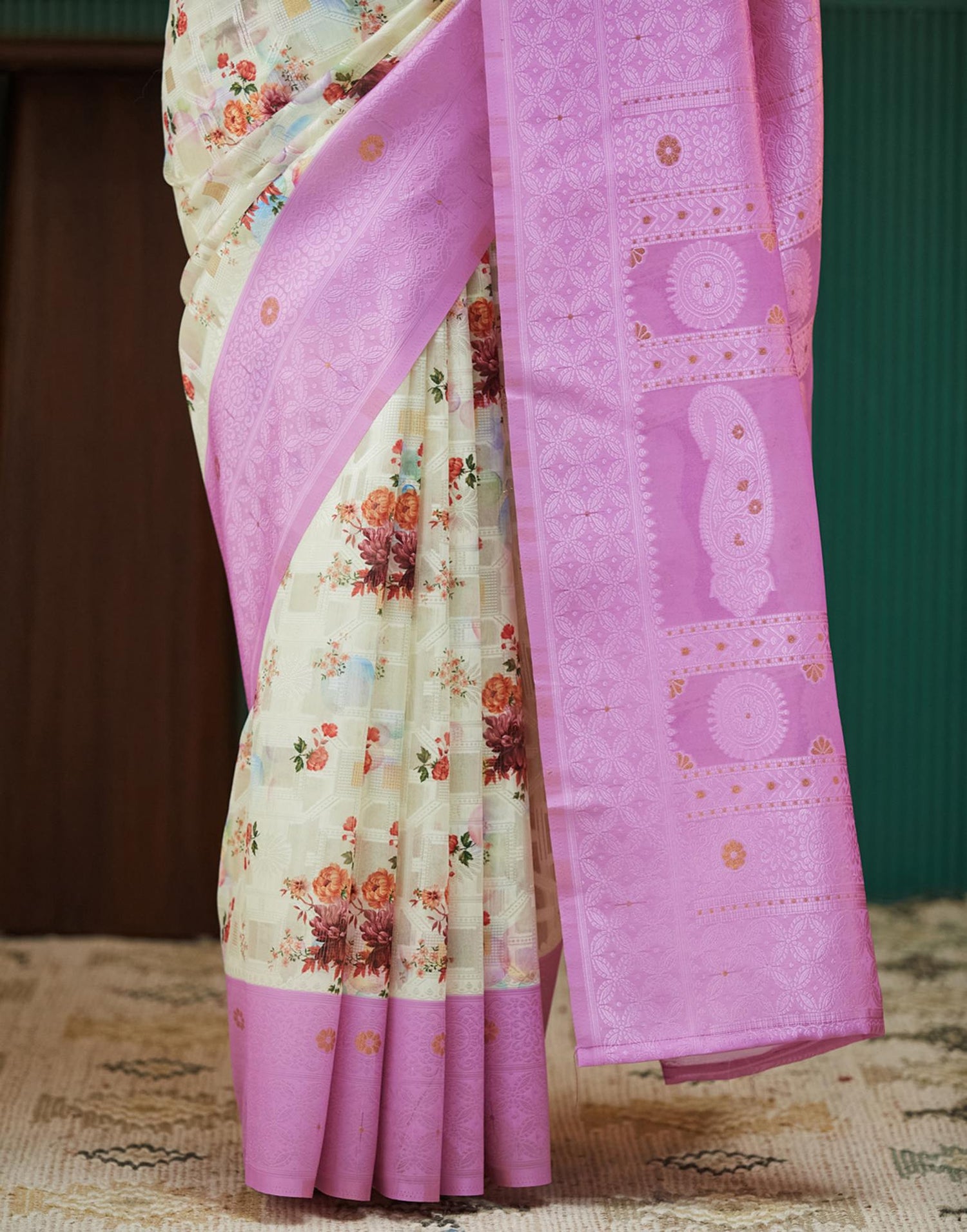 Pink Floral Printed Silk Saree