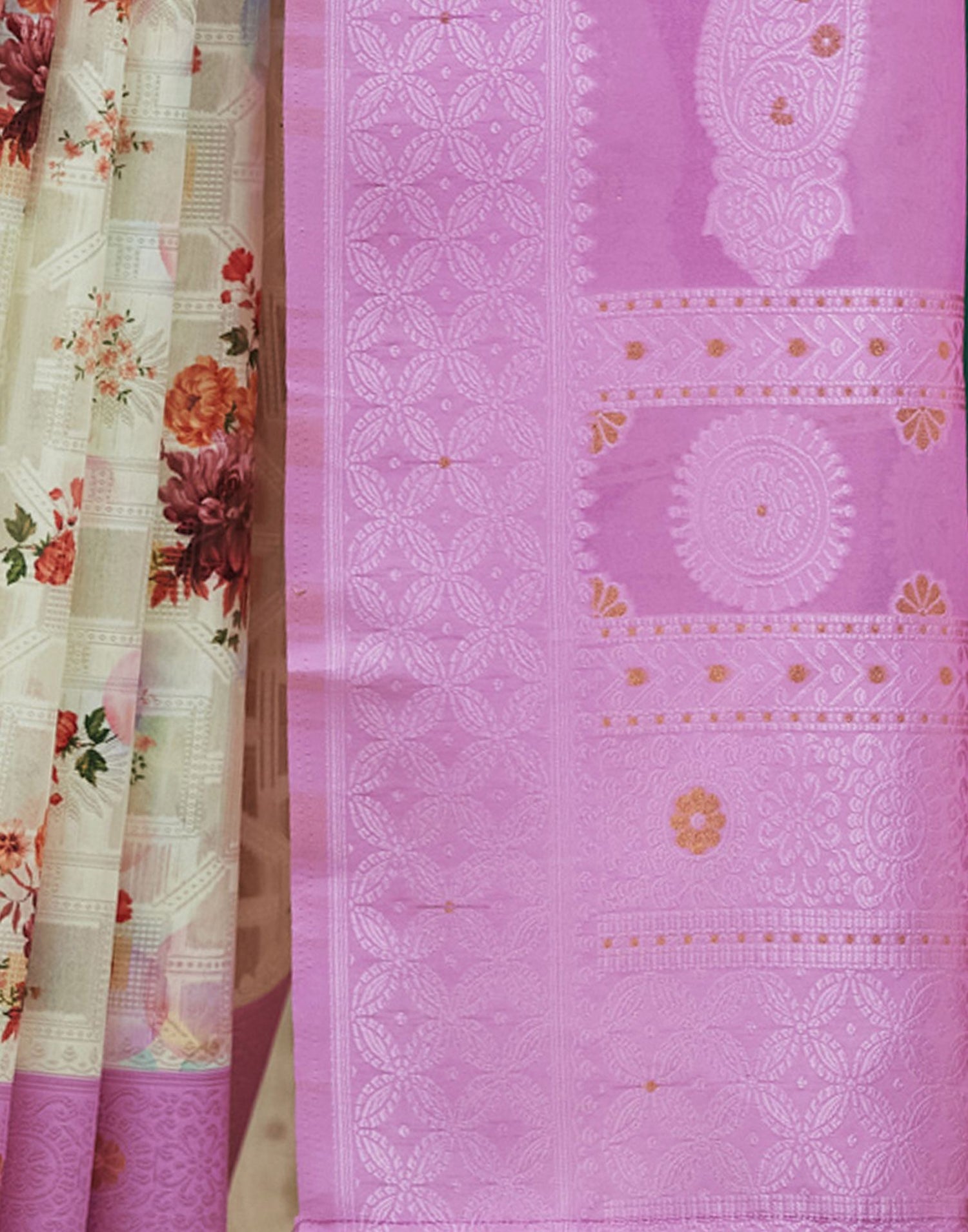 Pink Floral Printed Silk Saree