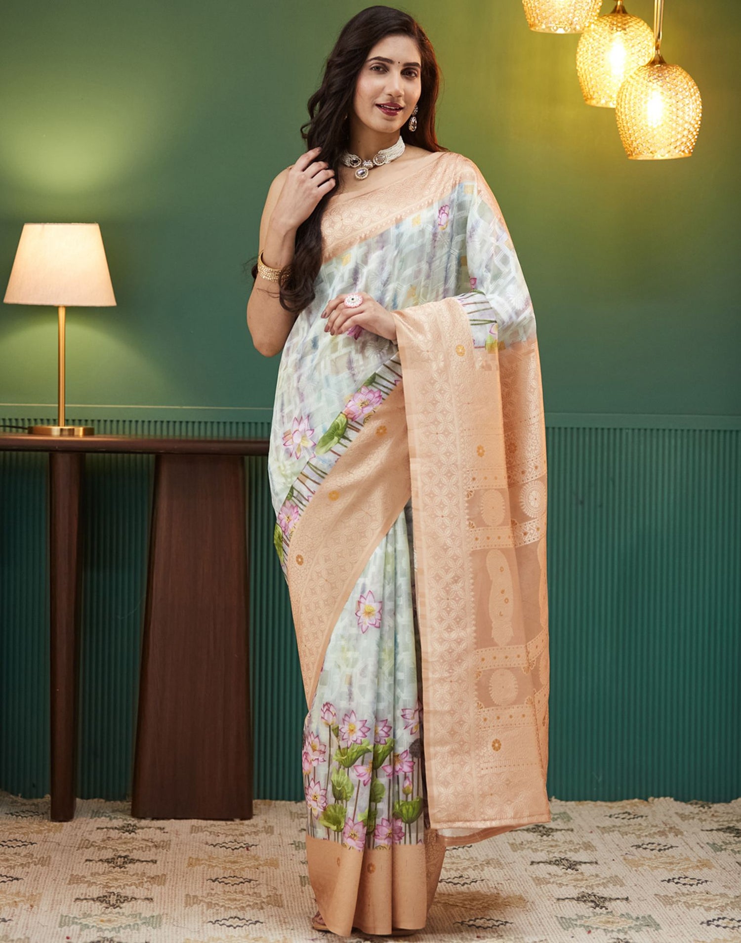 Beige Floral Printed Silk Saree