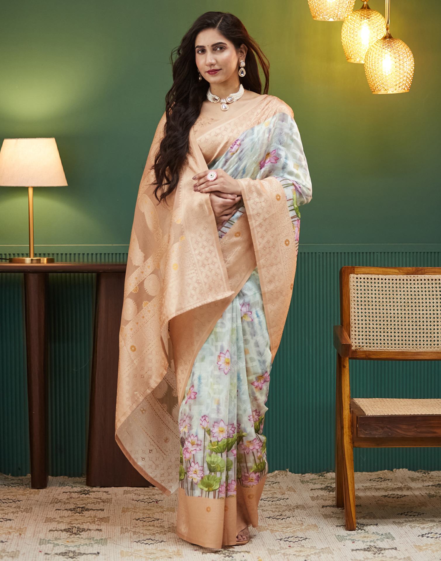 Beige Floral Printed Silk Saree