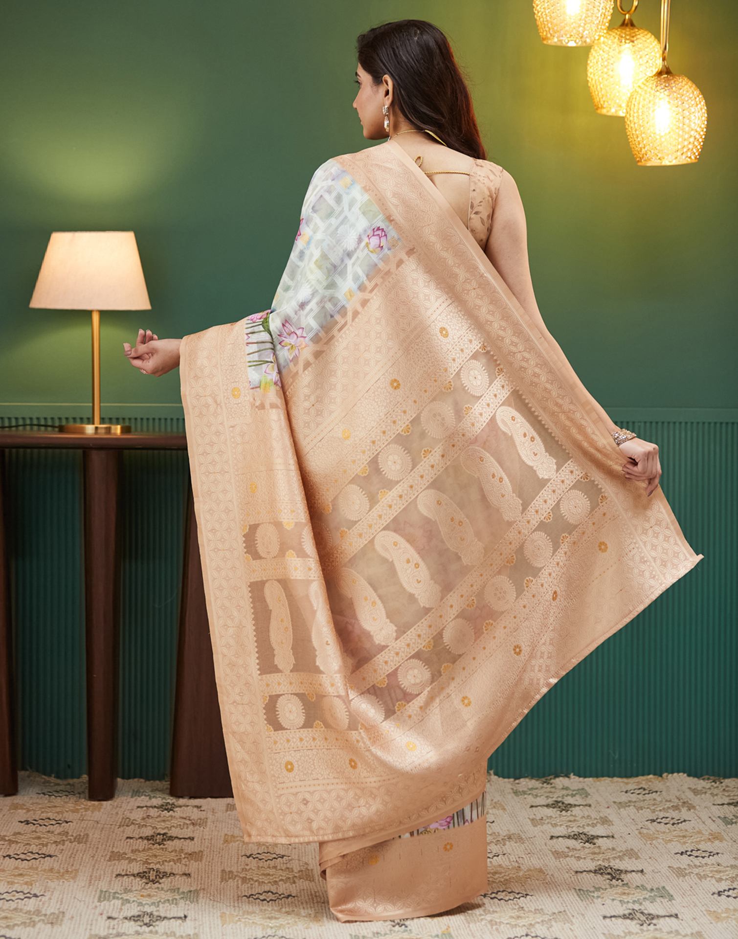 Beige Floral Printed Silk Saree