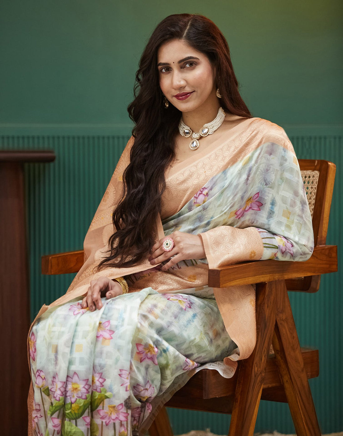 Beige Floral Printed Silk Saree