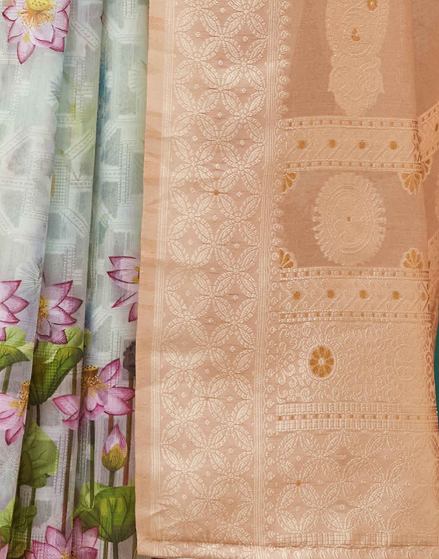 Beige Floral Printed Silk Saree