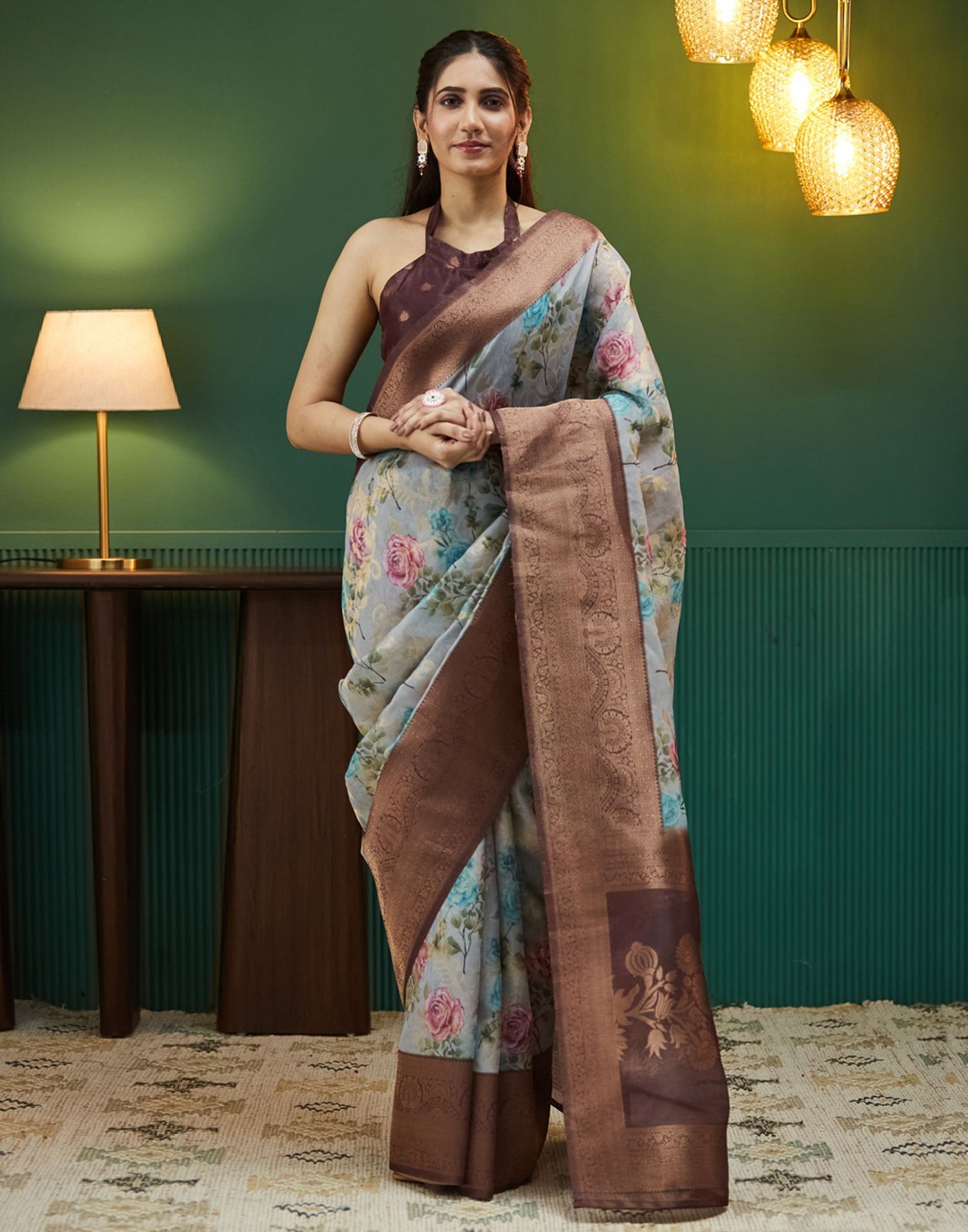 Dark Brown Floral Printed Silk Saree