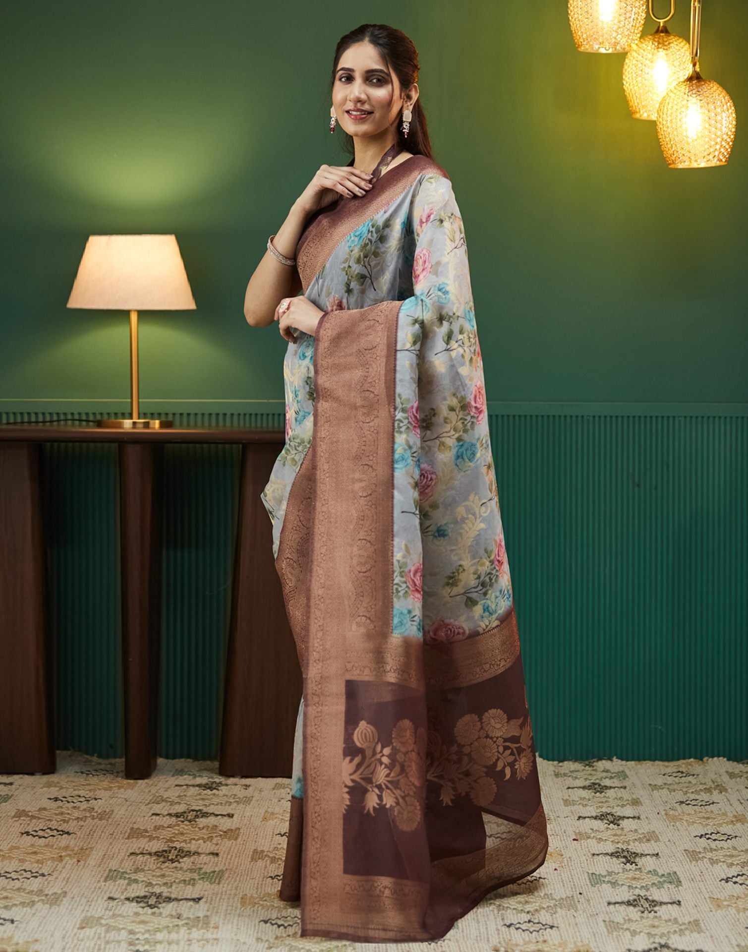 Dark Brown Floral Printed Silk Saree