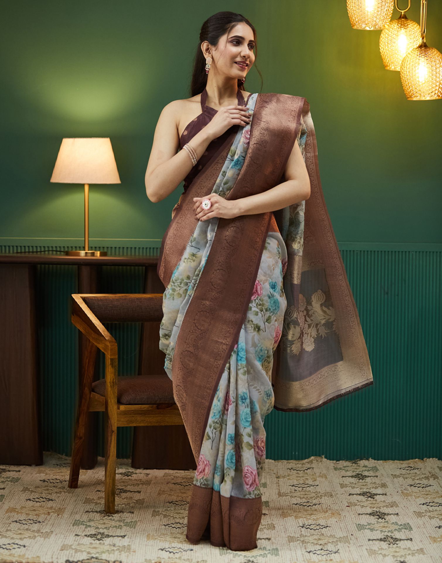 Dark Brown Floral Printed Silk Saree