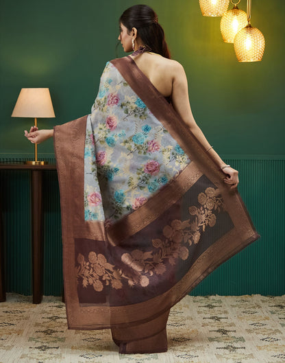 Dark Brown Floral Printed Silk Saree