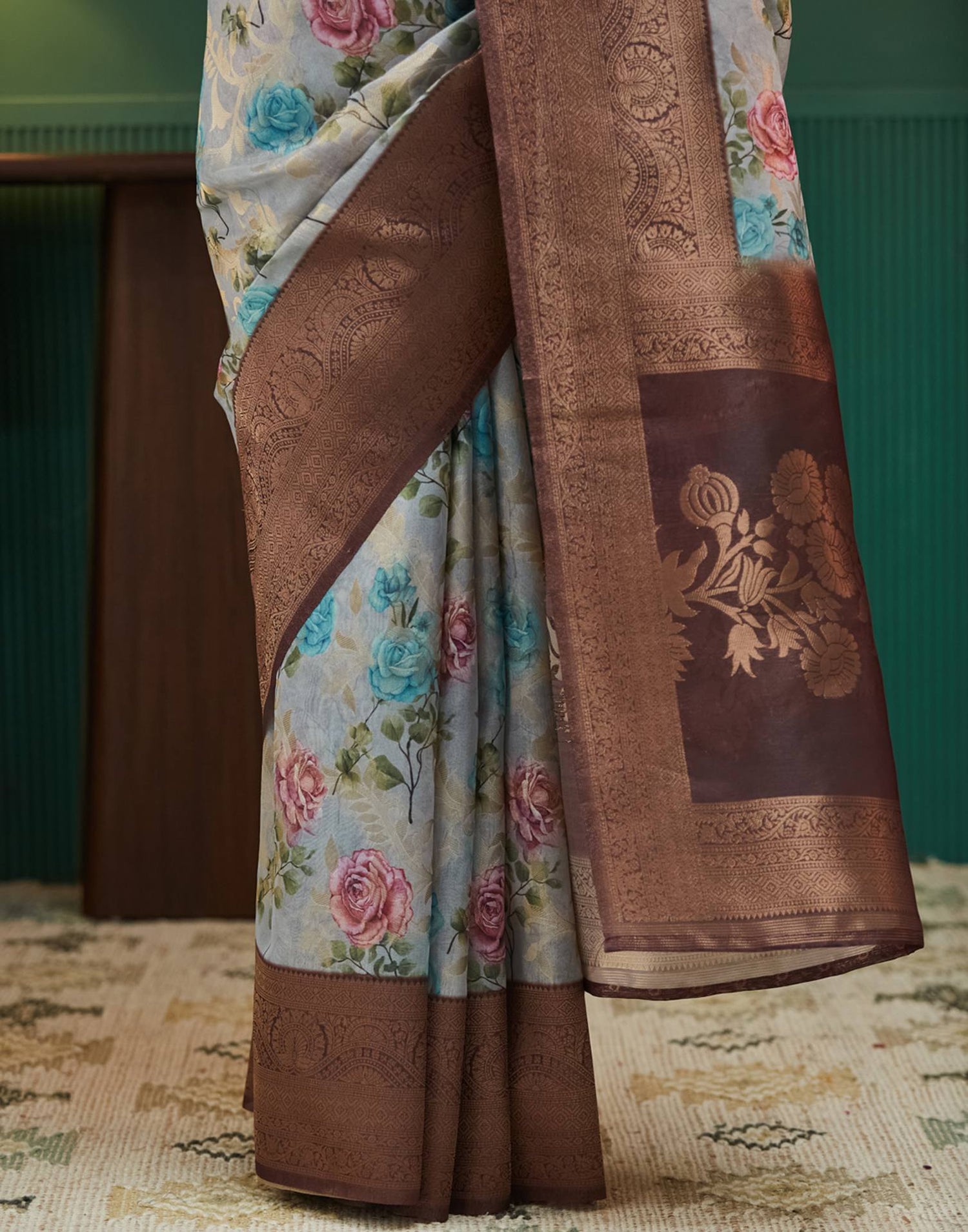 Dark Brown Floral Printed Silk Saree