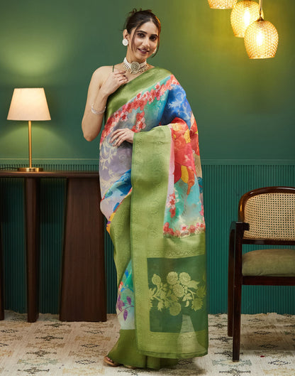 Green Floral Printed Silk Saree