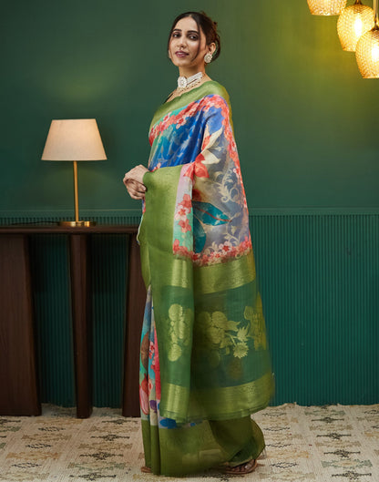 Green Floral Printed Silk Saree