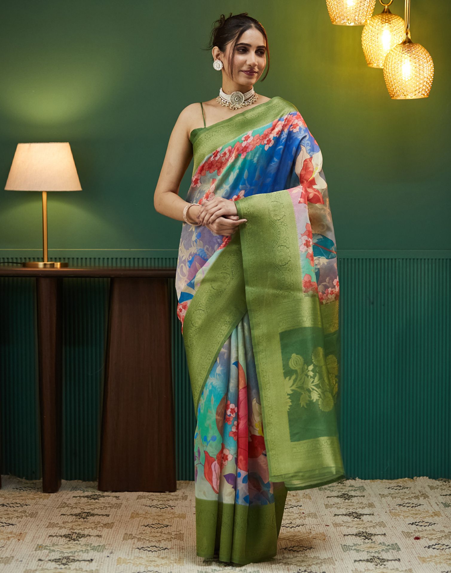 Green Floral Printed Silk Saree