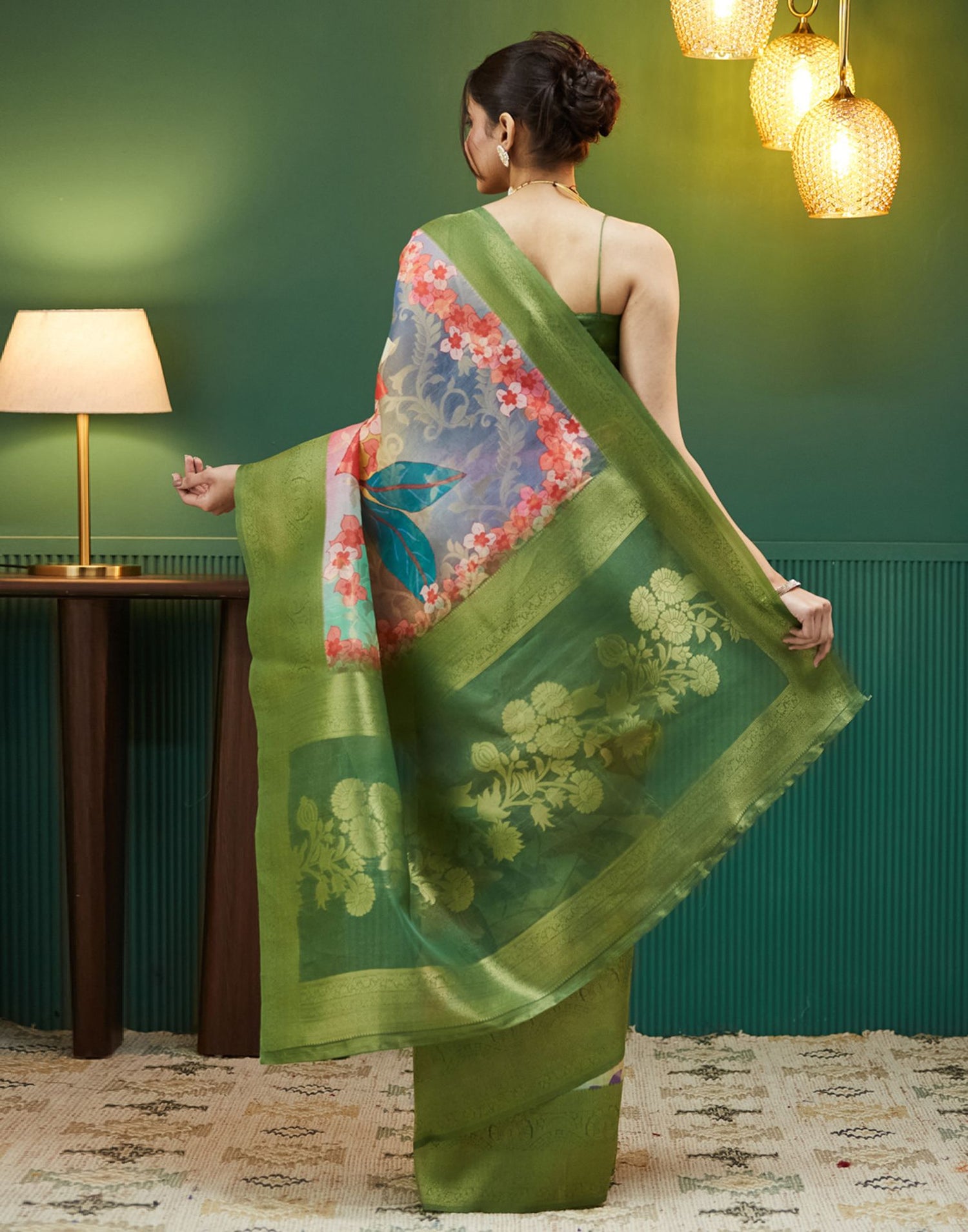 Green Floral Printed Silk Saree