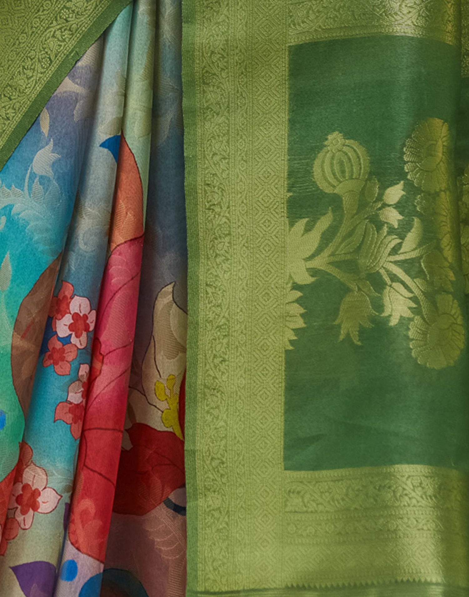 Green Floral Printed Silk Saree