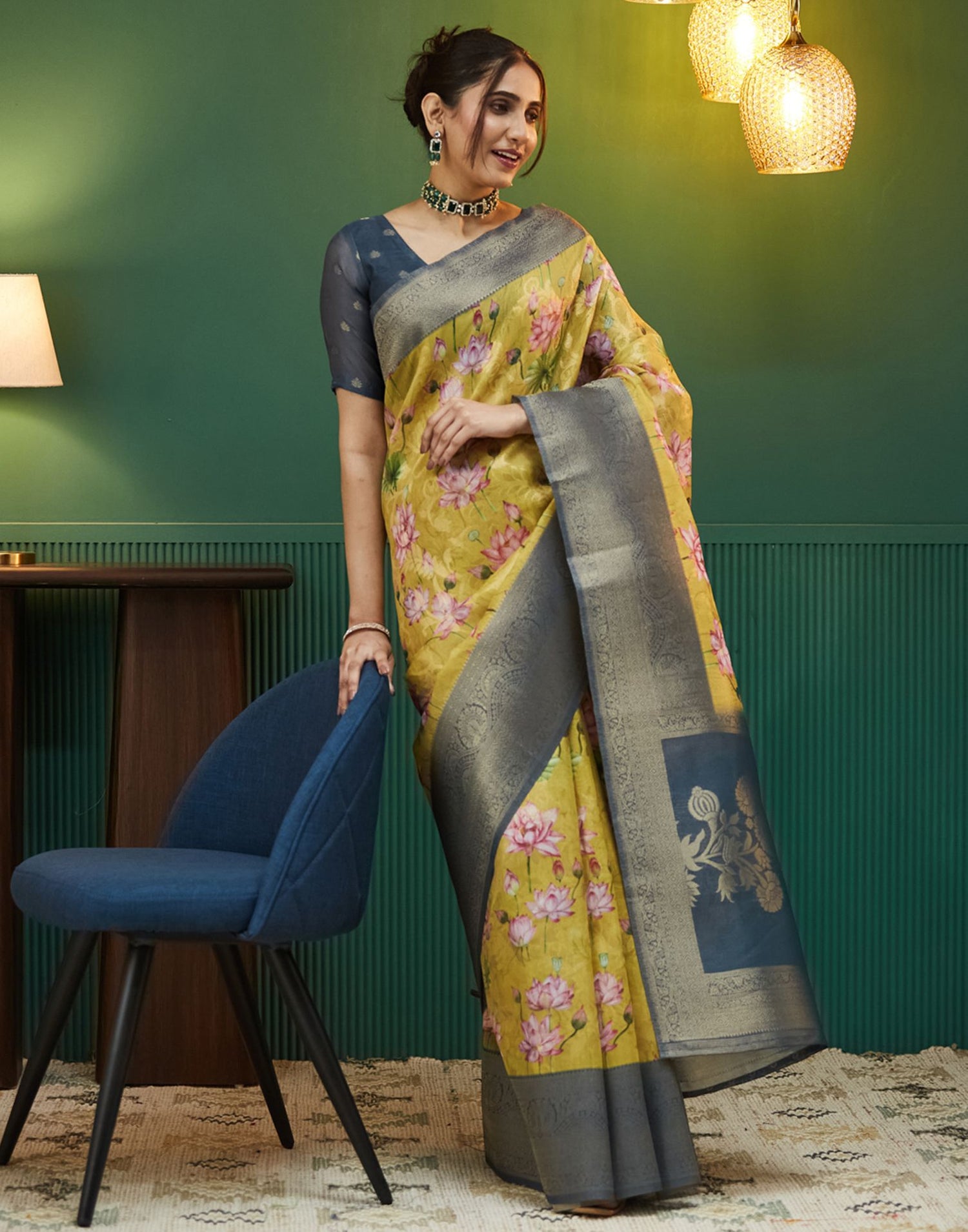 Dusty Navy Blue Floral Printed Silk Saree