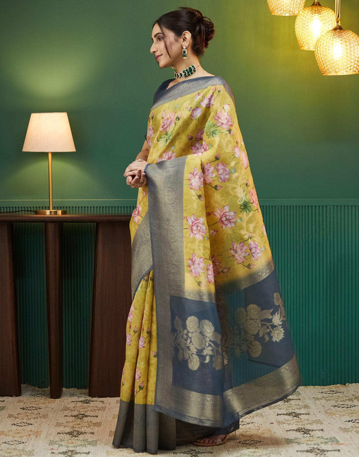 Dusty Navy Blue Floral Printed Silk Saree