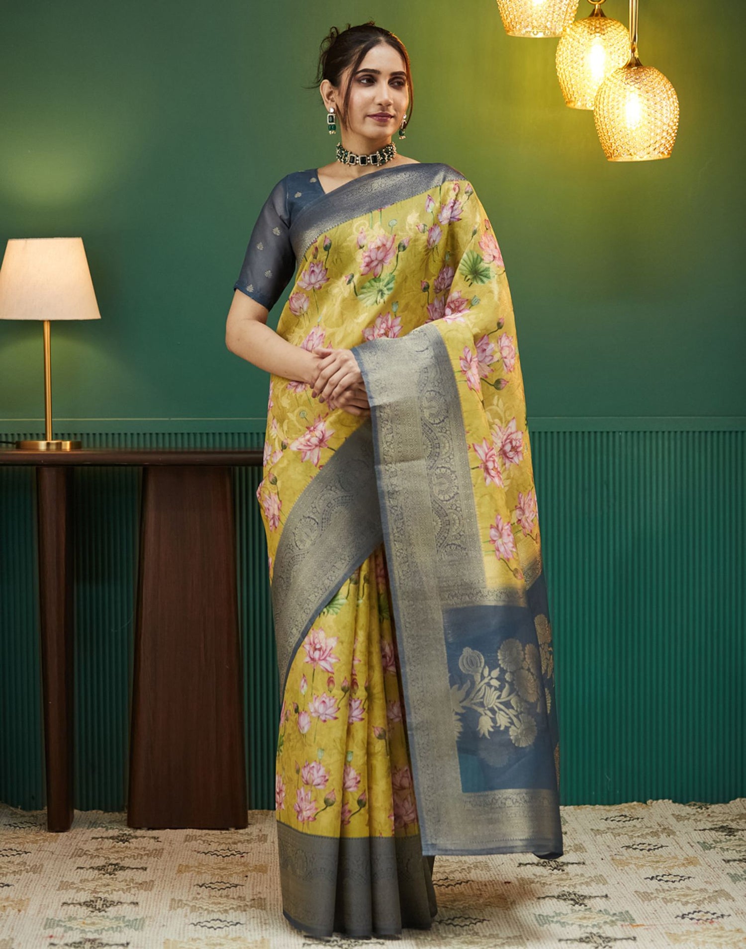 Dusty Navy Blue Floral Printed Silk Saree