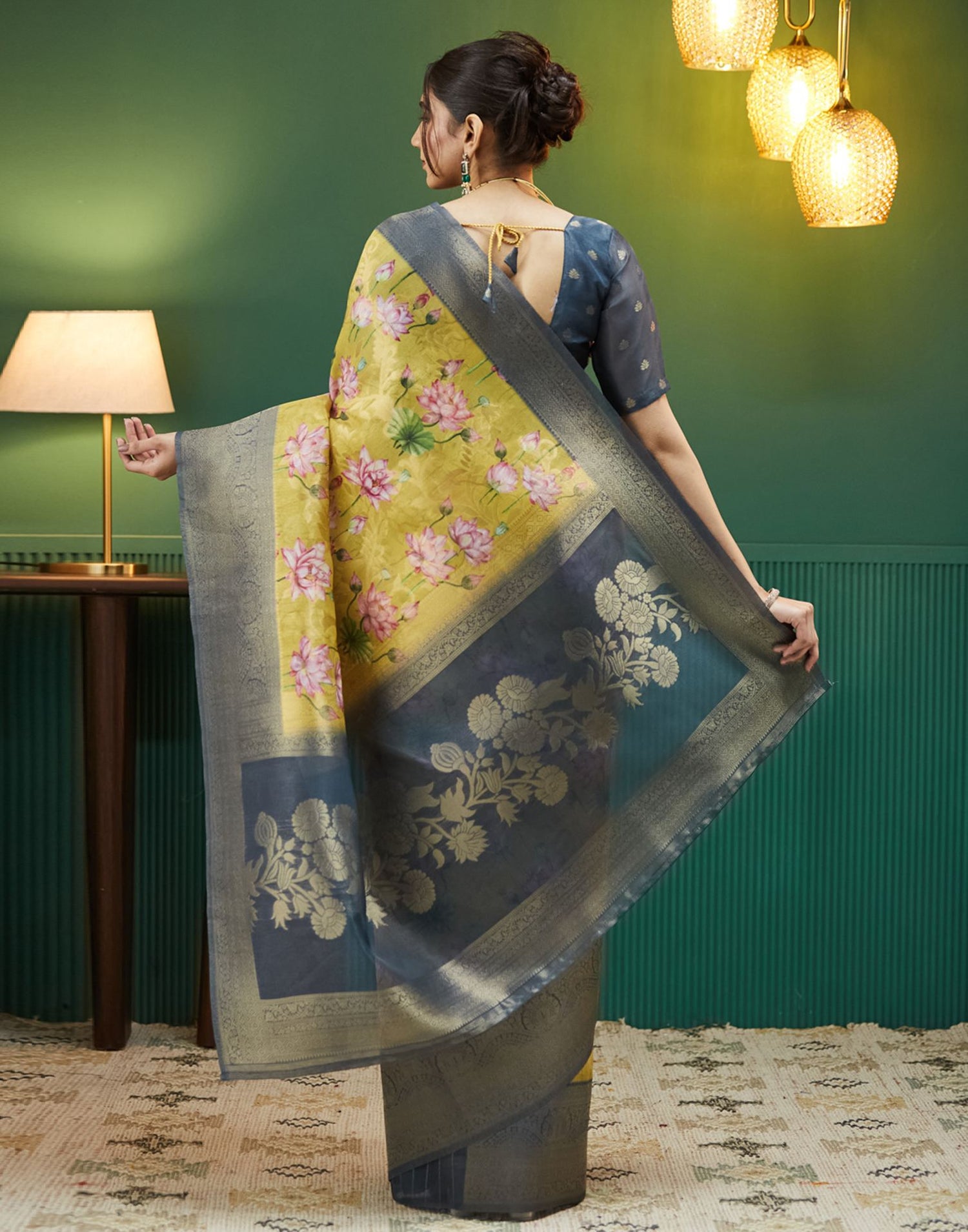 Dusty Navy Blue Floral Printed Silk Saree