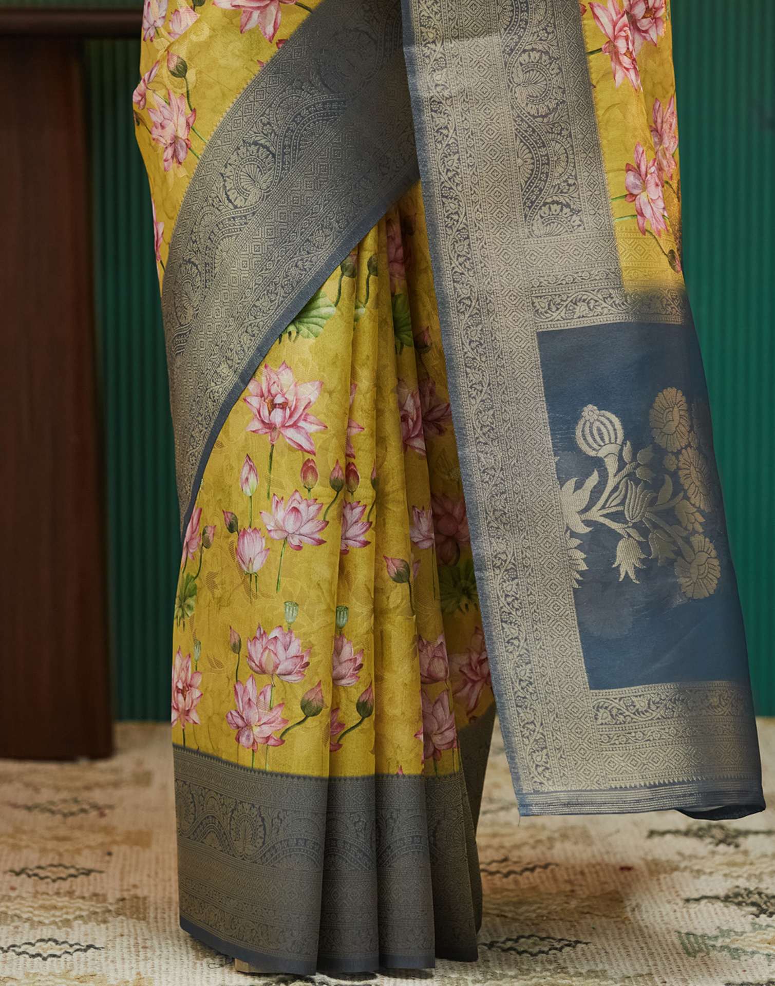 Dusty Navy Blue Floral Printed Silk Saree