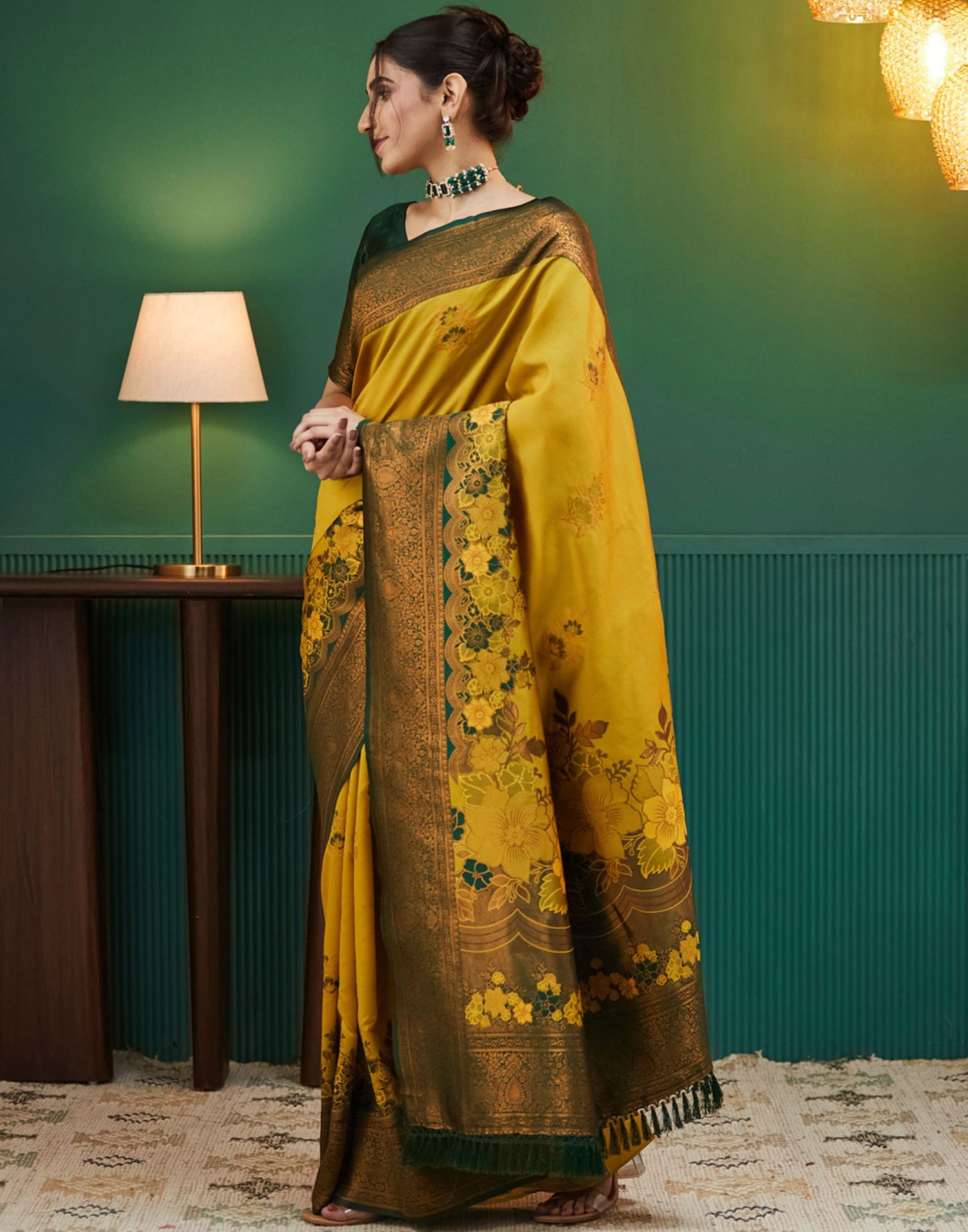 Lime Green Silk Woven Saree