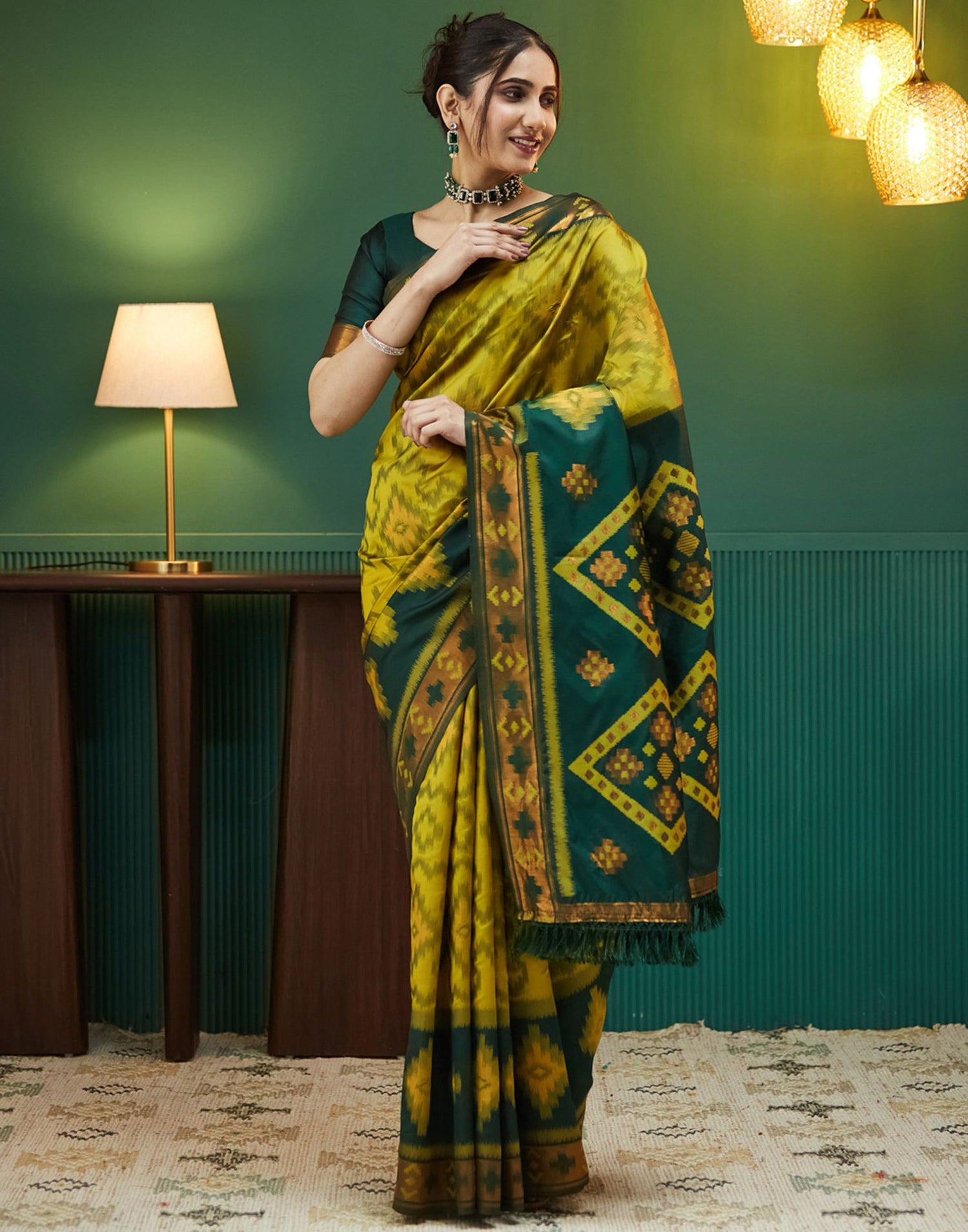 Lime Green Silk Woven Saree