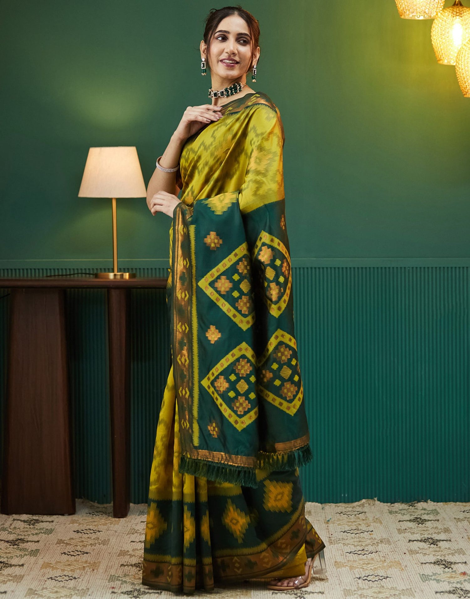 Lime Green Silk Woven Saree