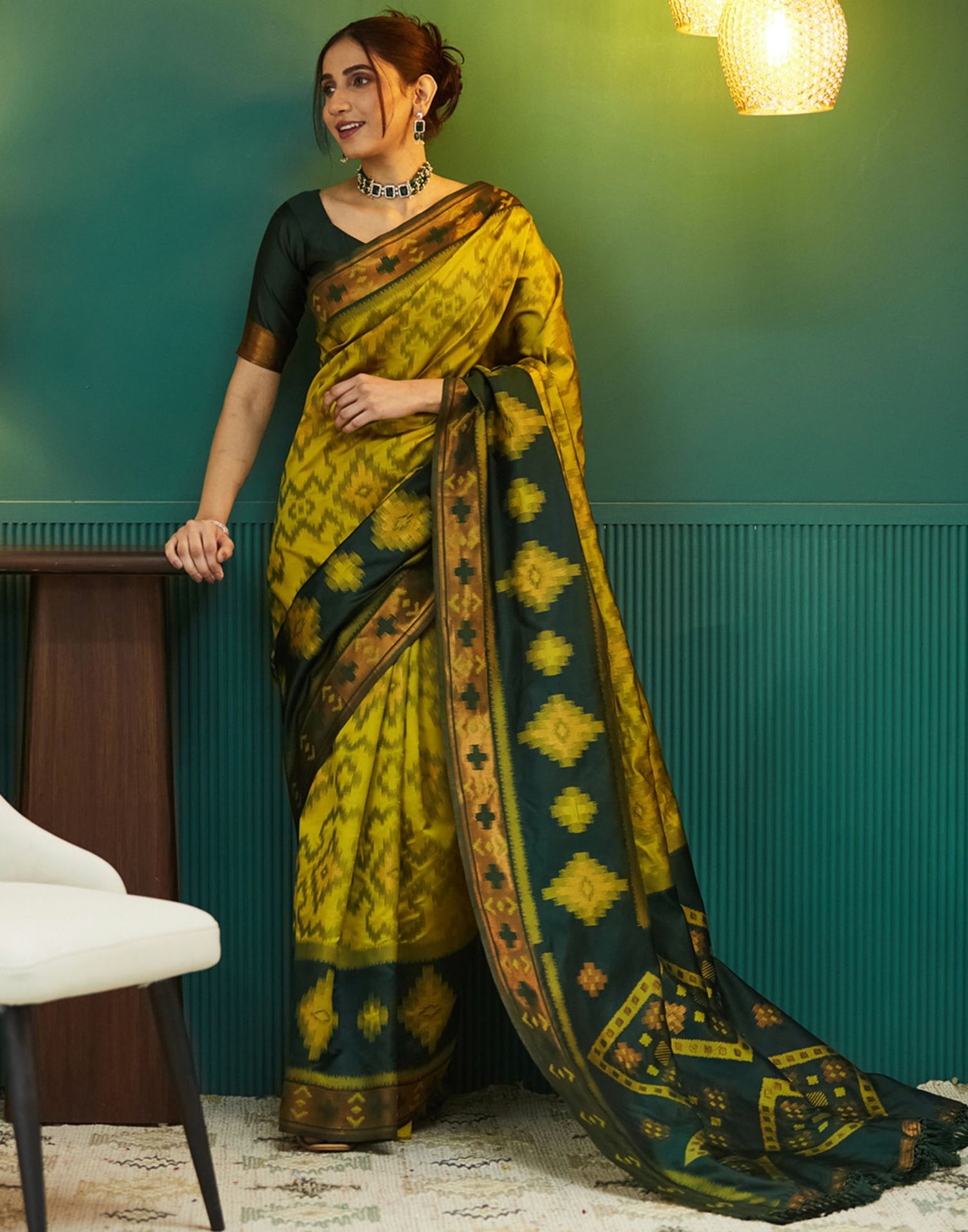 Lime Green Silk Woven Saree
