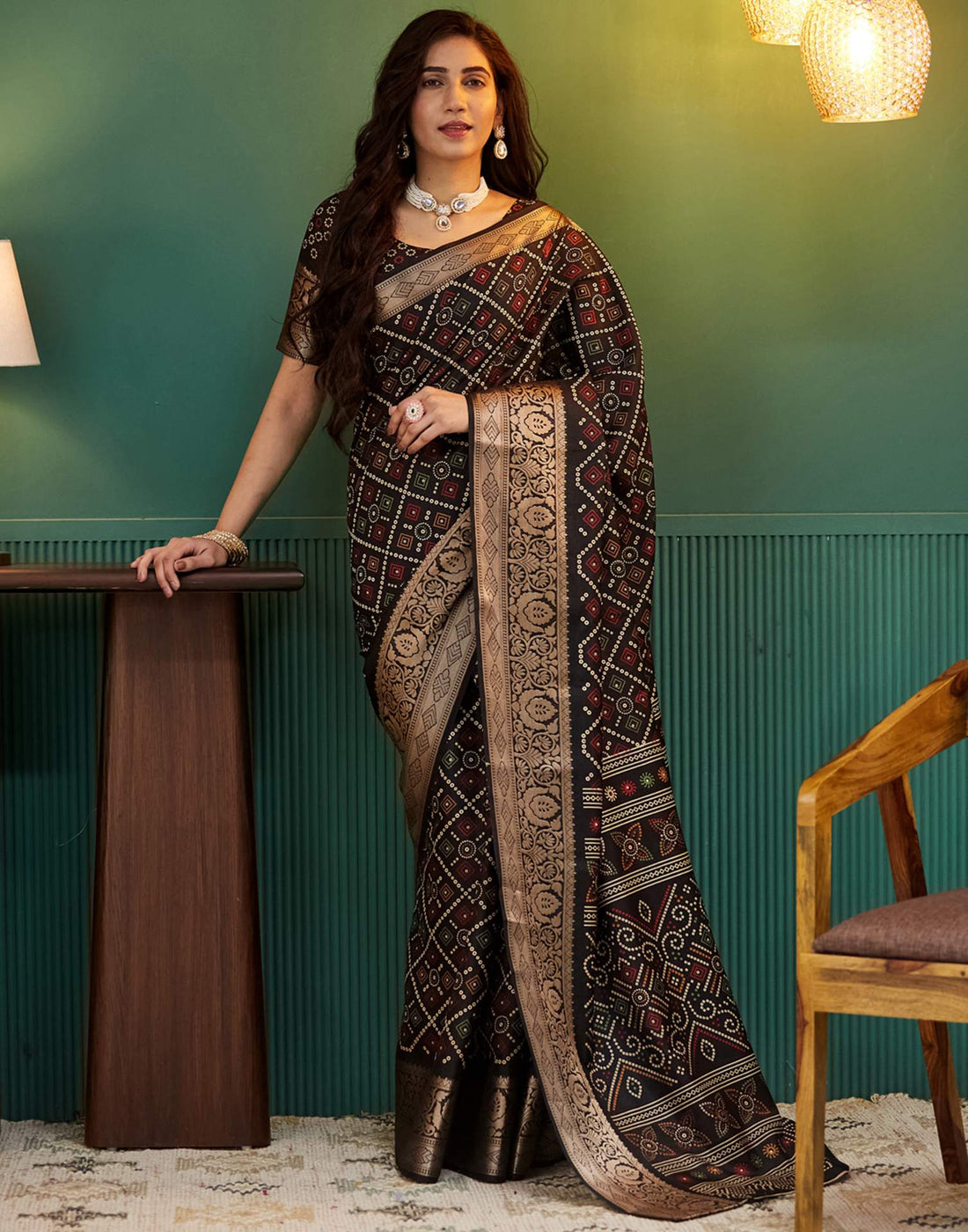 Black Bandhani Printed Silk Saree