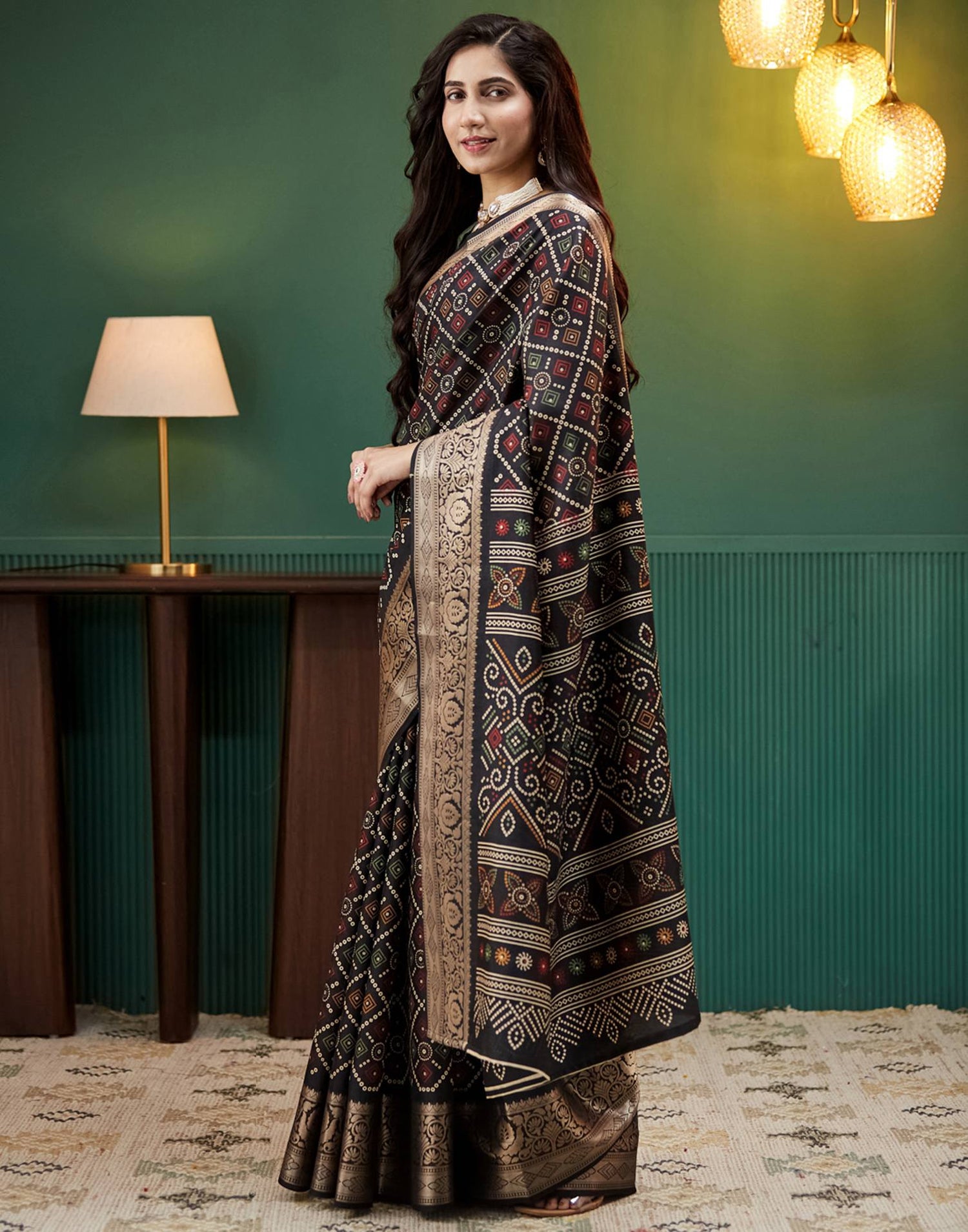 Black Bandhani Printed Silk Saree