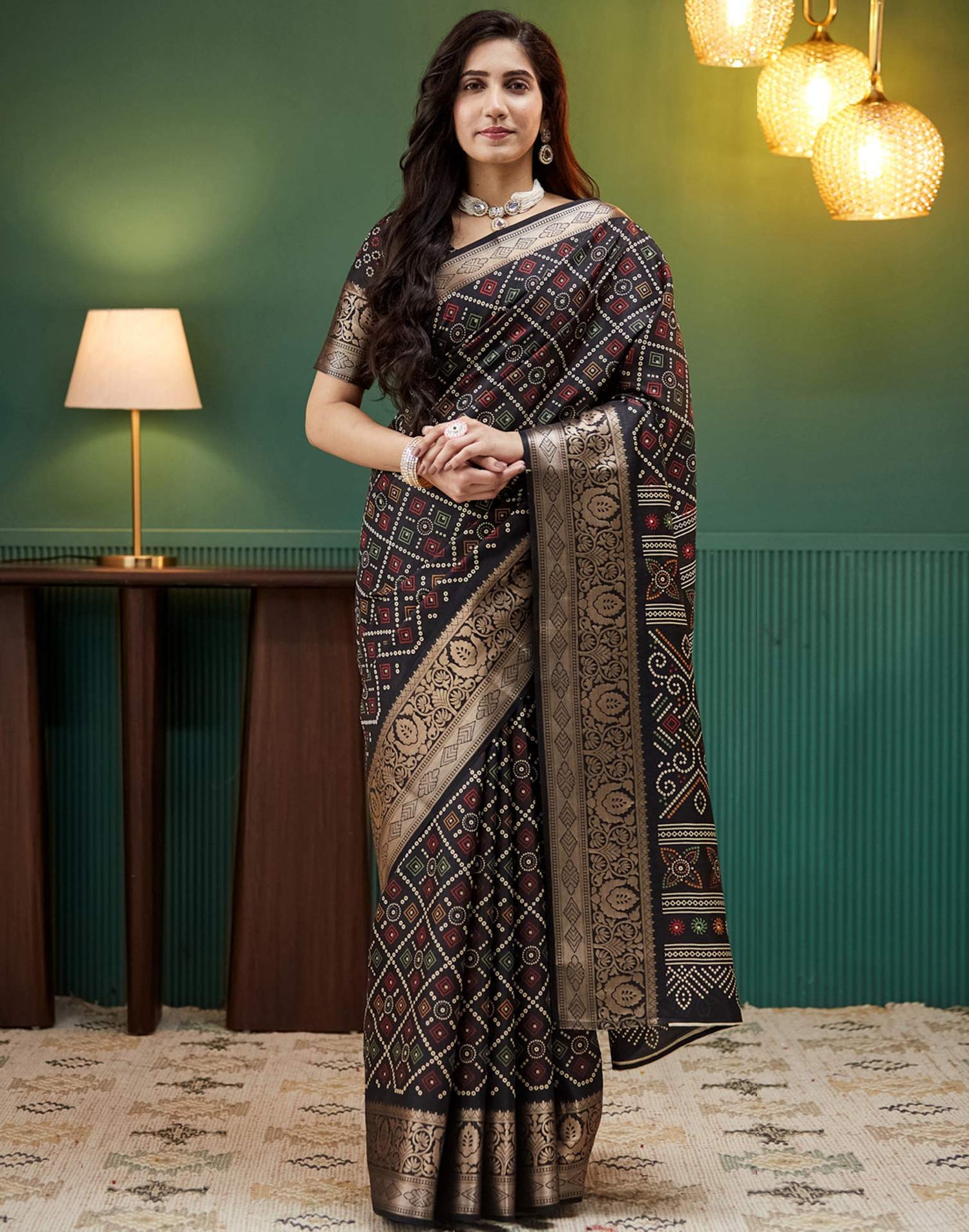 Black Bandhani Printed Silk Saree