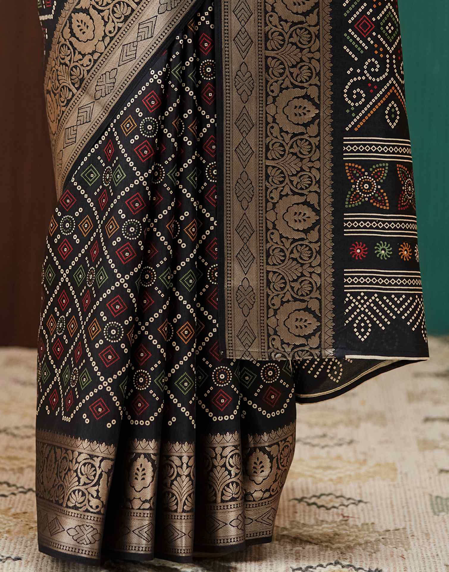 Black Bandhani Printed Silk Saree