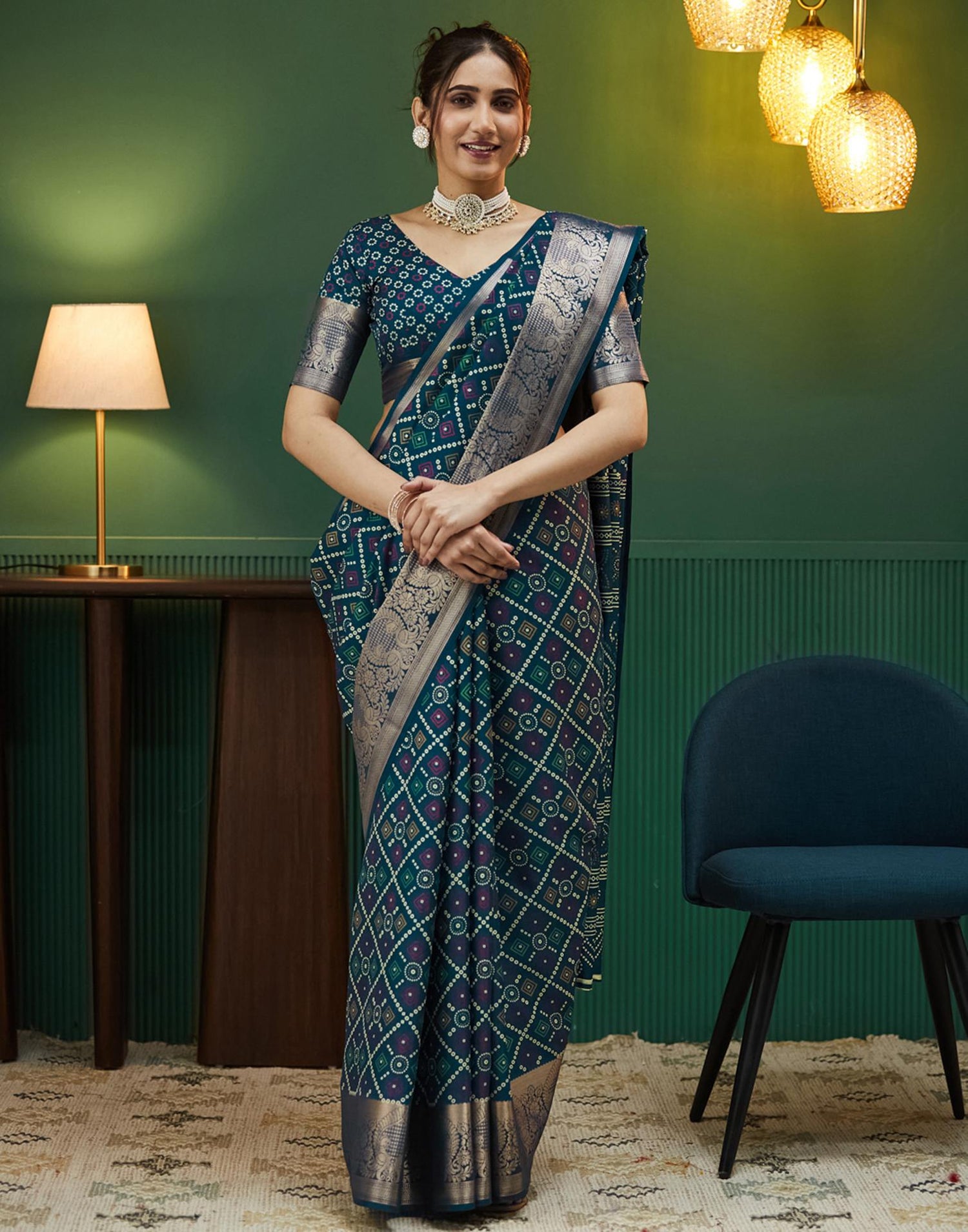 Rama Blue Bandhani Printed Silk Saree