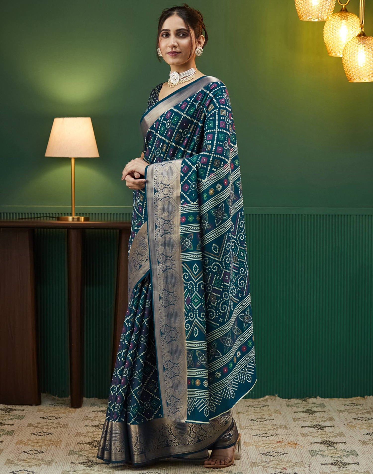 Rama Blue Bandhani Printed Silk Saree