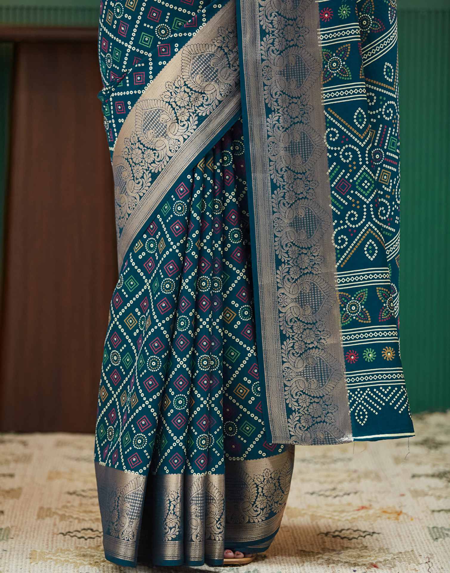 Rama Blue Bandhani Printed Silk Saree