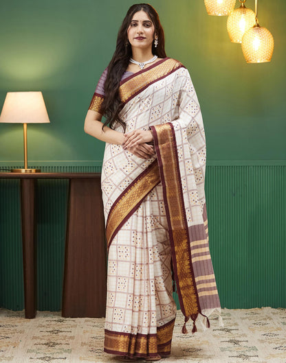 Off White Bandhani Printed Silk Saree