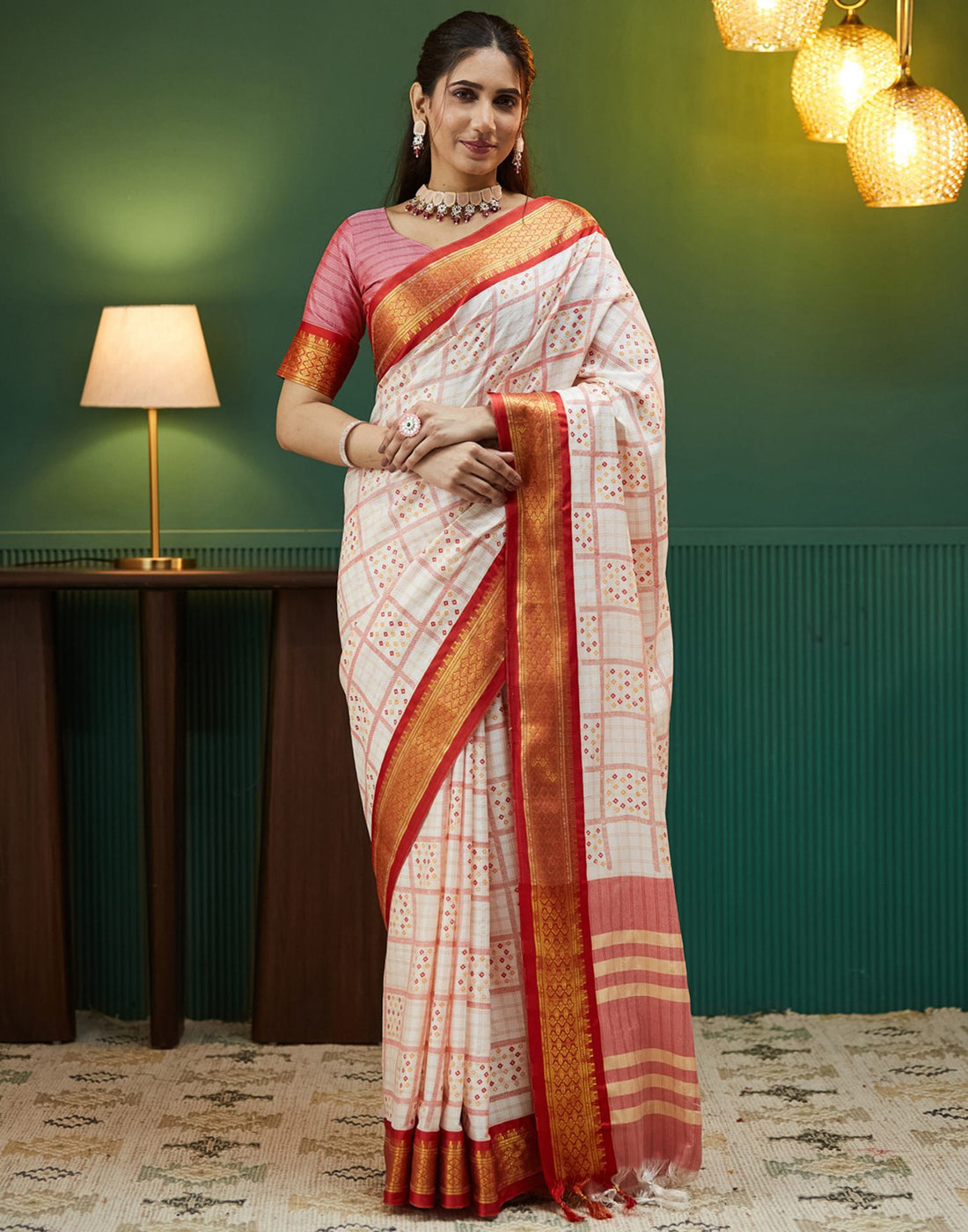 Off White Bandhani Printed Silk Saree