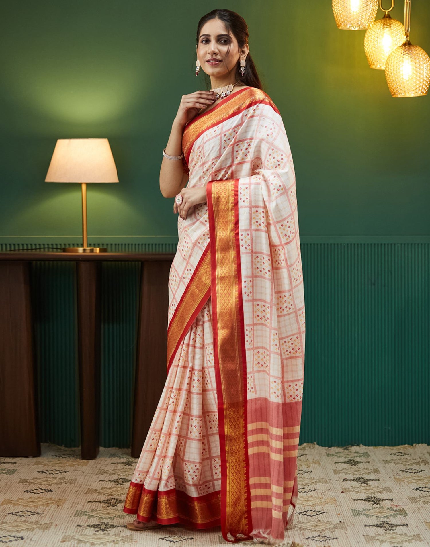 Off White Bandhani Printed Silk Saree