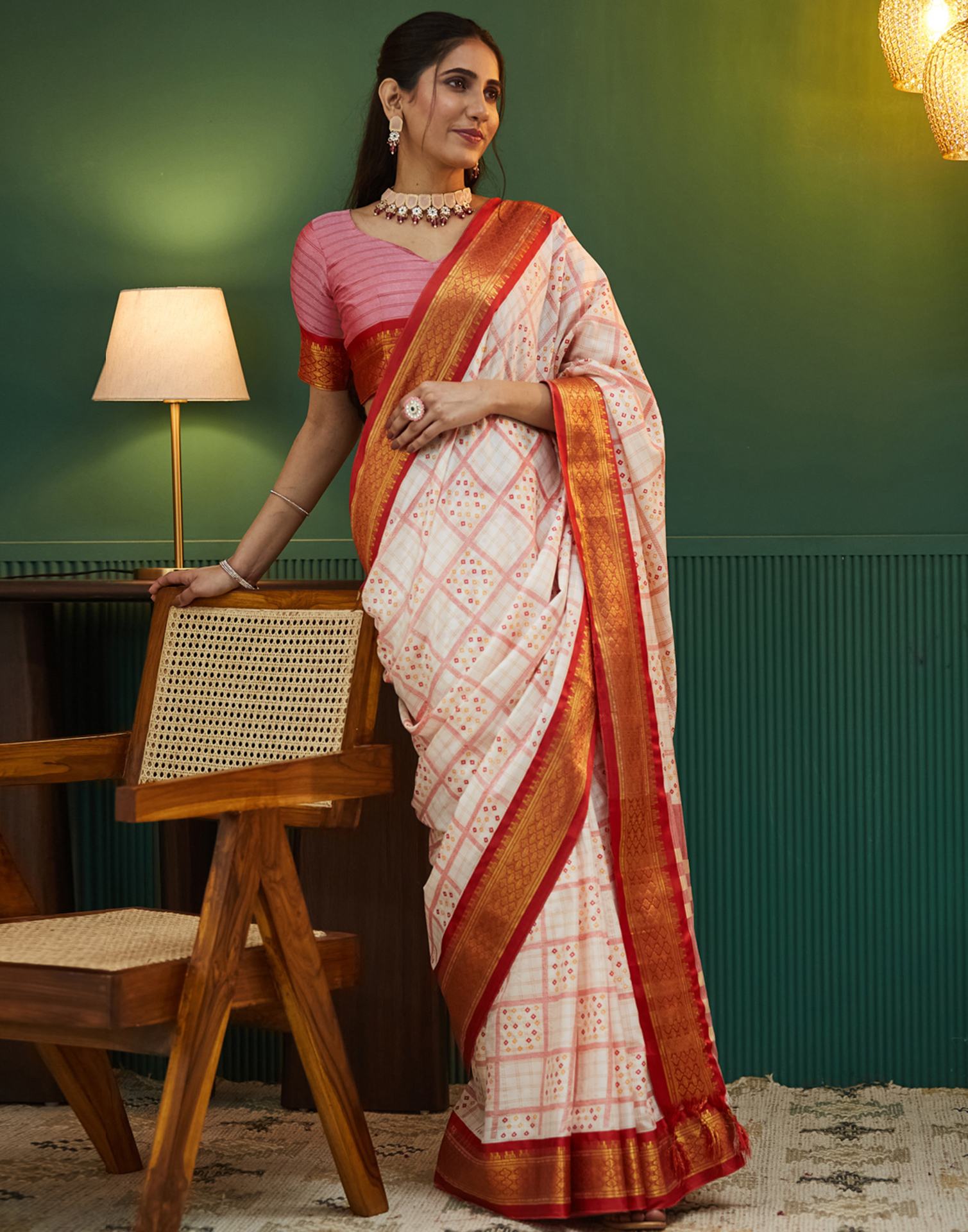 Off White Bandhani Printed Silk Saree