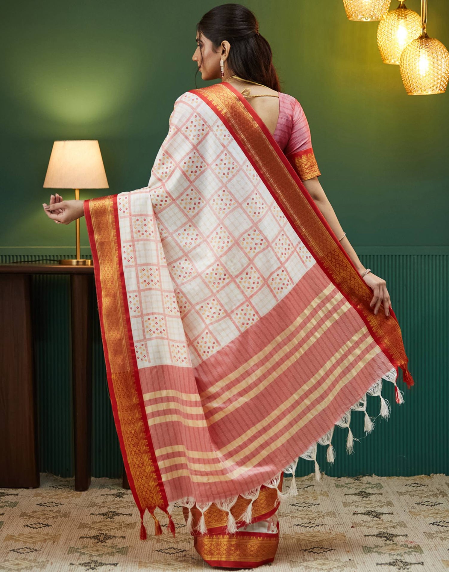 Off White Bandhani Printed Silk Saree