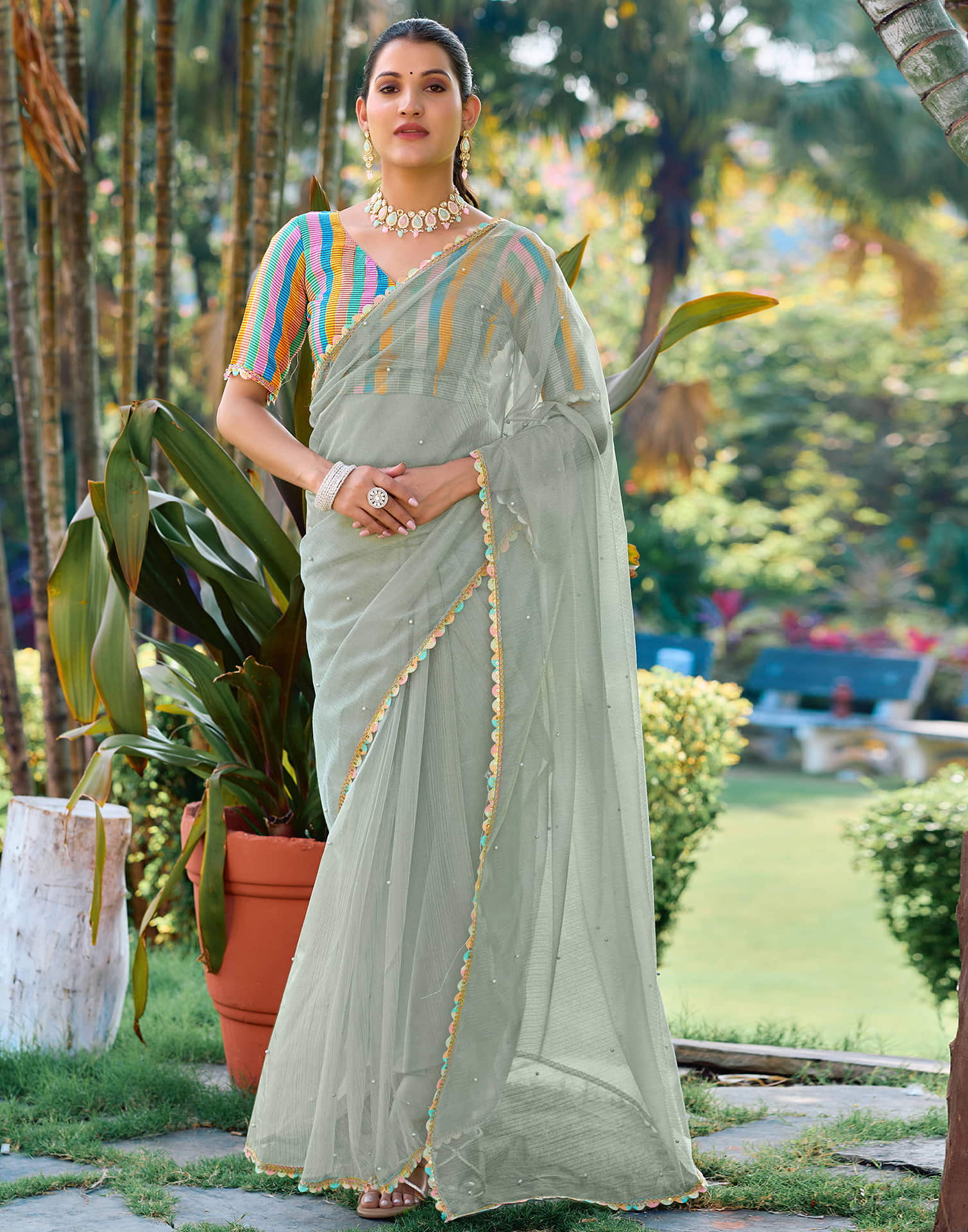 Dusty Green Shimmer Net Pearl Work Embellished Saree