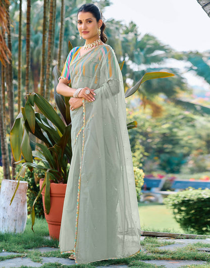 Dusty Green Shimmer Net Pearl Work Embellished Saree