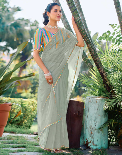 Dusty Green Shimmer Net Pearl Work Embellished Saree