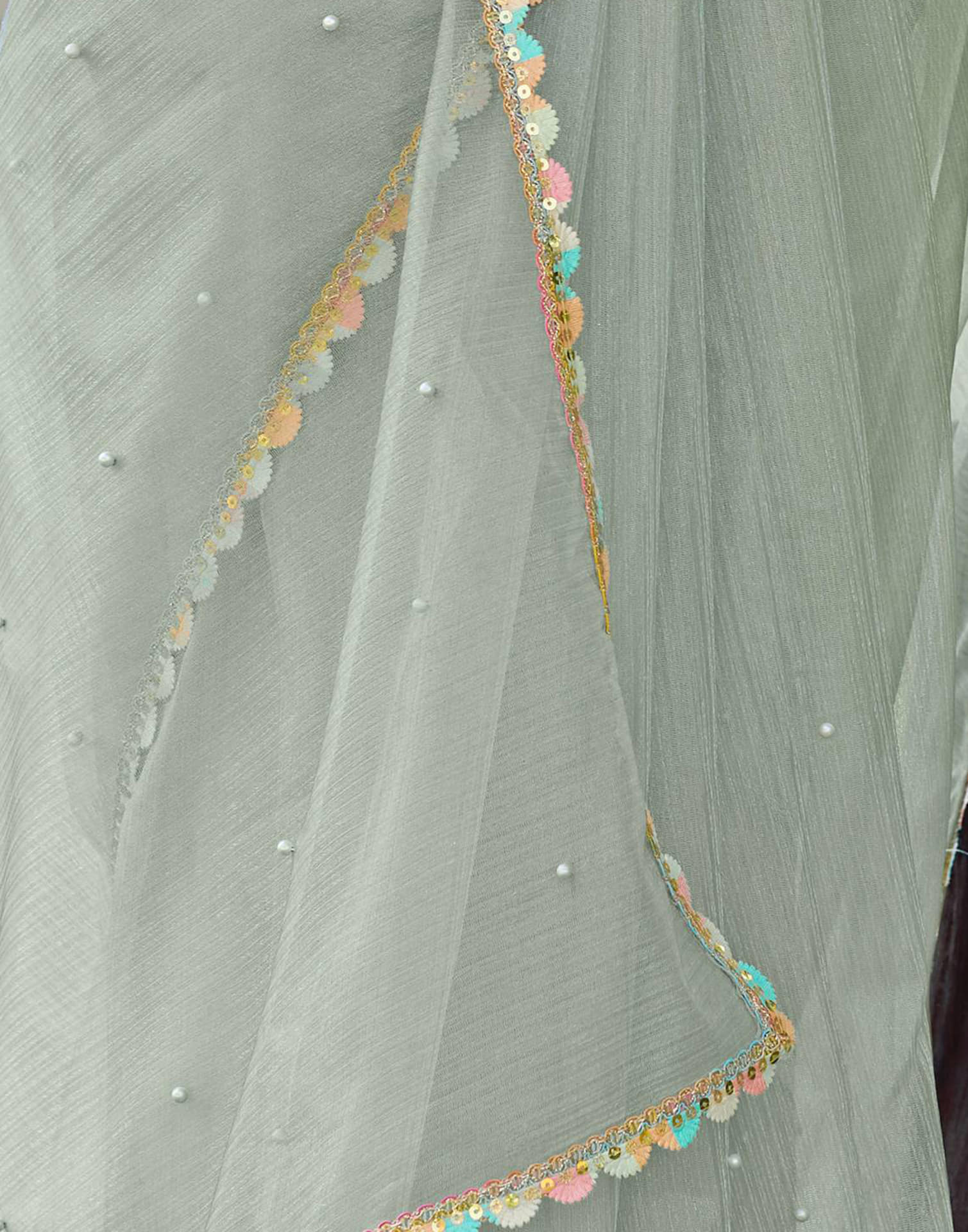 Dusty Green Shimmer Net Pearl Work Embellished Saree