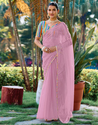 Pink Shimmer Net Pearl Work Embellished Saree