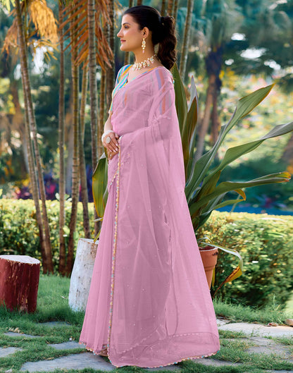 Pink Shimmer Net Pearl Work Embellished Saree